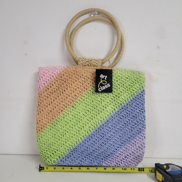 New! Girls' Striped Paper Straw Tote Handbag Purse - Art Class - Picture 8 of 9